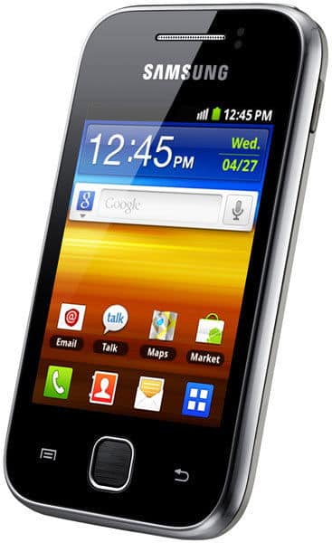 Samsung Galaxy Y front view, black smartphone with touchscreen displaying home screen widgets and app icons including Email, Talk, Maps, and Market