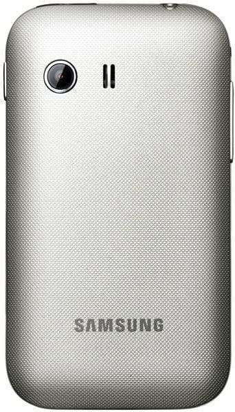 Samsung Galaxy Y rear view, white textured back with camera lens and Samsung branding visible