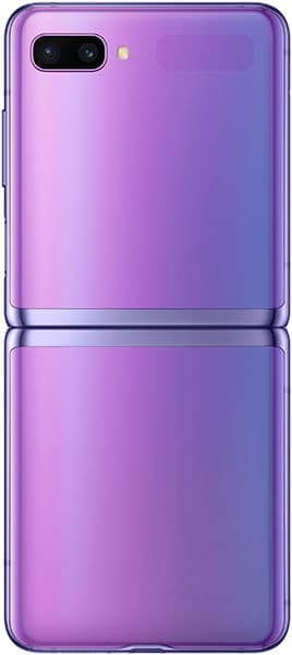 Samsung Galaxy Z Flip in purple, shown folded open displaying rear dual camera and hinge detail