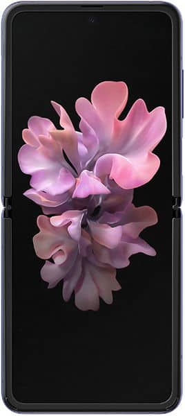 Samsung Galaxy Z Flip open, displaying pink flower on black screen