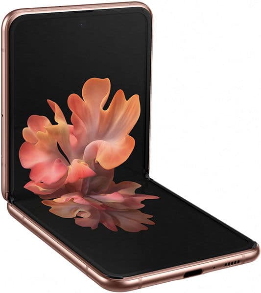Samsung Galaxy Z Flip 5G open, displaying pink flower wallpaper on folded screen, rose gold frame visible