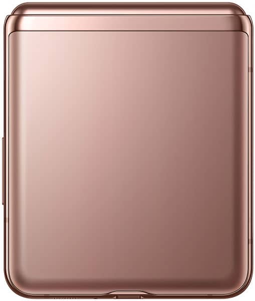 Samsung Galaxy Z Flip 5G in rose gold, closed position, front view showing folded screen