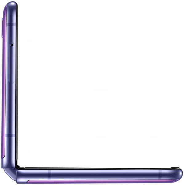 Samsung Galaxy Z Flip folded closed, showing the spine and outer edges in deep purple with a rounded corner design