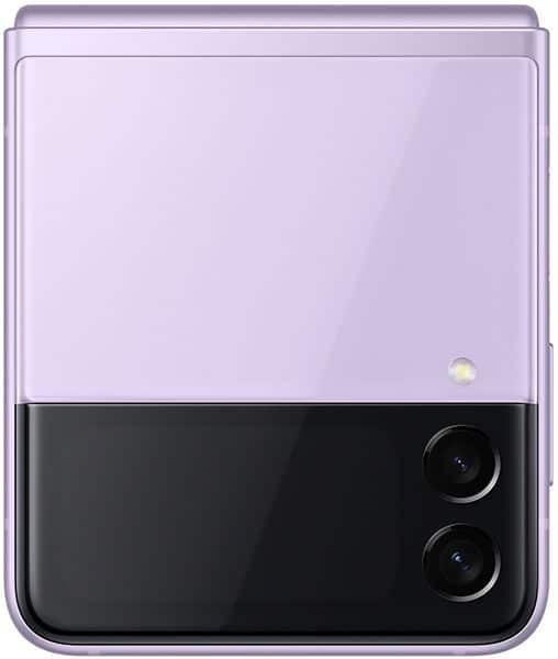 Samsung Galaxy Z Flip3 rear view, lavender upper half with camera cutout, black lower half with dual rear cameras