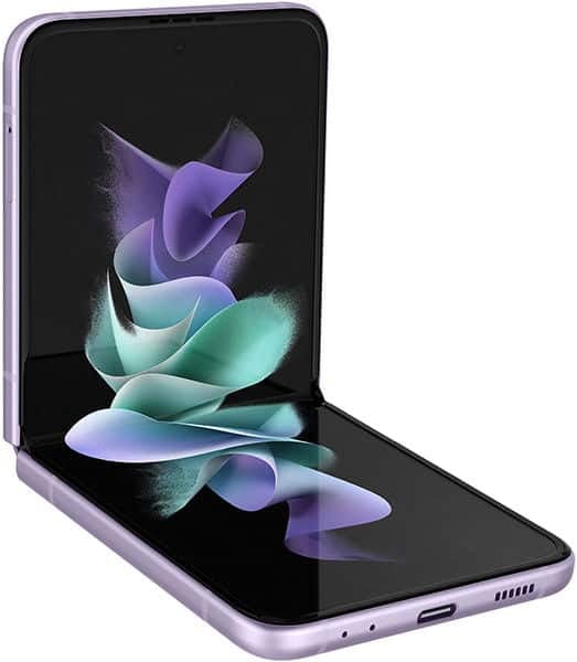 Samsung Galaxy Z Flip3 in lavender, displayed open showing colorful abstract wallpaper on both screens