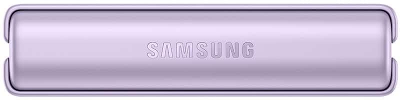Samsung Galaxy Z Flip3 folded closed, rear view, lavender finish with Samsung logo visible