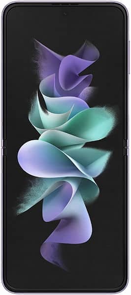 Samsung Galaxy Z Flip3 with folded screen displaying abstract purple and teal gradient shapes on black background