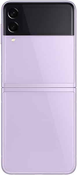 Samsung Galaxy Z Flip3 in lavender, folded closed, showing dual rear cameras and top half with dark screen