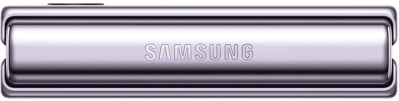 Samsung Galaxy Z Flip4 folded closed, showing silver exterior with Samsung branding on the hinge cover