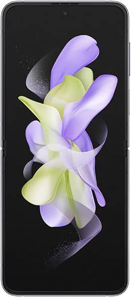 Samsung Galaxy Z Flip4 with open display showing abstract purple and yellow floral design against black background