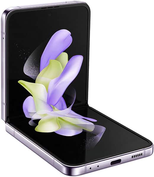 Samsung Galaxy Z Flip4 open, displaying colorful abstract artwork on its screen, shown from a front-facing angle