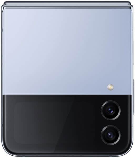 Samsung Galaxy Z Flip4 folded closed, showing light blue front display and black lower section with dual rear cameras