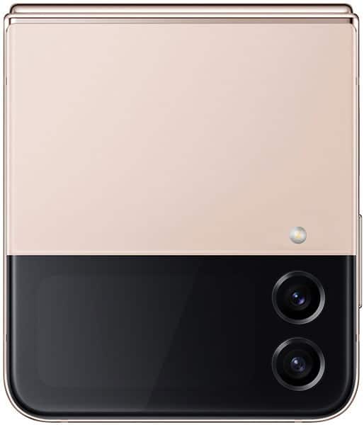 Samsung Galaxy Z Flip4 folded closed, showing pink upper half and black lower half with dual rear cameras