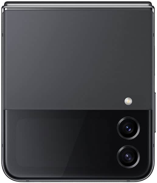 Samsung Galaxy Z Flip4 rear view, closed position, showing dual camera lenses and gray display panel
