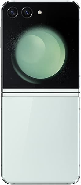 Rear view of folded Samsung Galaxy Z Flip5 showing dual cameras and circular detail on reflective light-colored back.