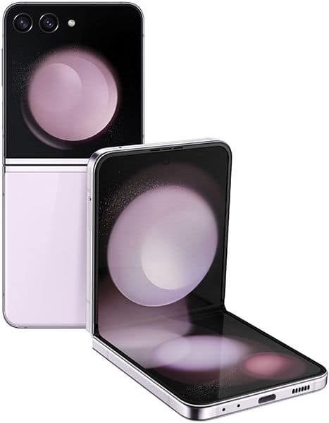 Samsung Galaxy Z Flip5 shown closed (rear view with external screen, dual cameras) and half-open (front main display).