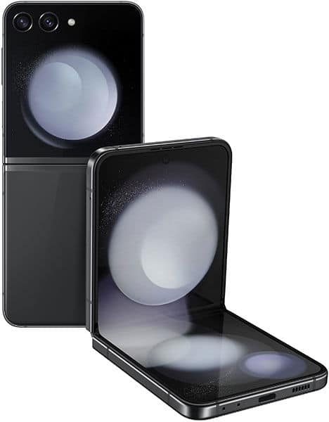 Samsung Galaxy Z Flip5 in black shown closed (rear view, dual cameras) and partially open (main screen and external display visible).