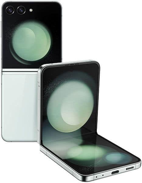 Samsung Galaxy Z Flip5 shown side-by-side: one at 90° fold, one closed; rear view highlights dual cameras and circular pattern.