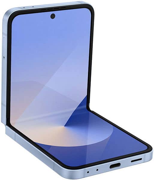 Samsung Galaxy Z Flip6 displayed open at an angle, showing the blue gradient wallpaper on both the cover and main screens