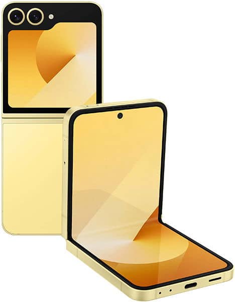 Samsung Galaxy Z Flip6 in cream color shown folded and unfolded, displaying dual rear cameras and bright display screen