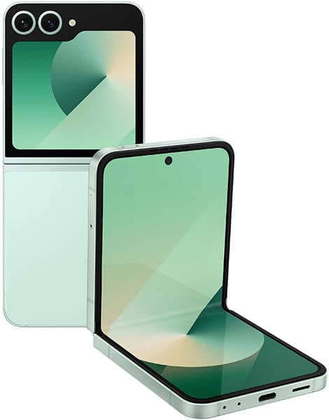 Samsung Galaxy Z Flip6 in mint green, shown folded and unfolded with dual rear cameras and glowing gradient display