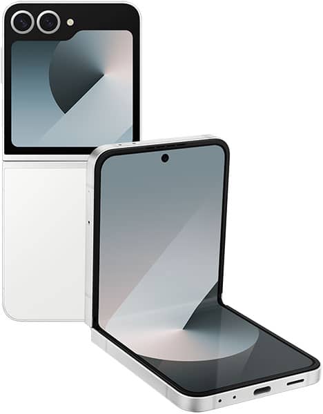 Samsung Galaxy Z Flip6 in white, shown folded and unfolded with dual rear cameras and foldable display visible
