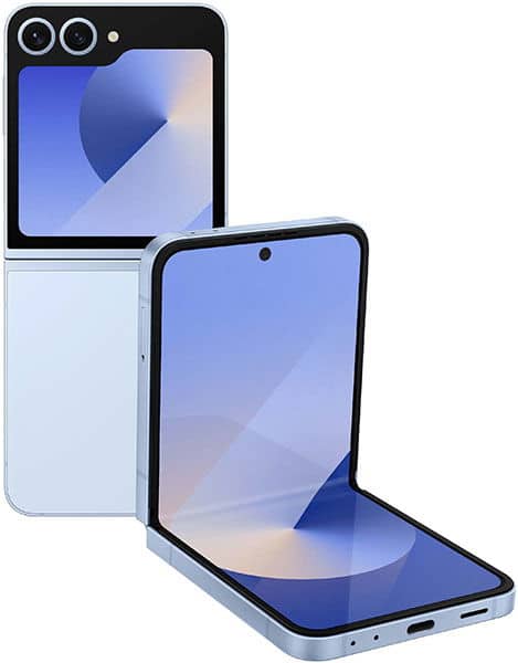 Samsung Galaxy Z Flip6 shown folded and open, displaying dual rear cameras and blue gradient screen