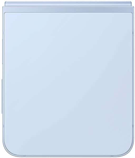 Samsung Galaxy Z Flip6 folded closed, showing the exterior back panel in light blue with rounded edges and minimal branding visible