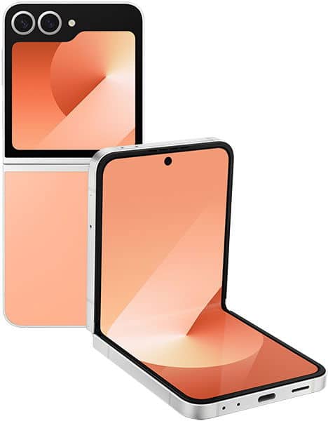 Samsung Galaxy Z Flip6 shown folded and open, displaying dual rear cameras, hinge mechanism, and peach-gradient display screens