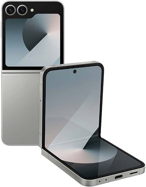 Samsung Galaxy Z Flip6 shown folded and unfolded, displaying dual rear cameras and foldable screen design