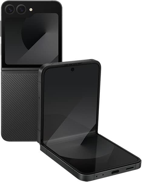 Samsung Galaxy Z Flip6 shown open and folded, displaying dual rear cameras and textured back panel in black