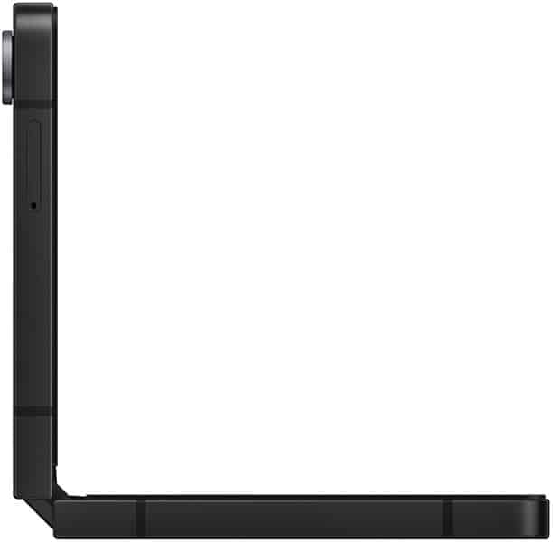 Samsung Galaxy Z Flip7 FE folded, side view showing hinge and exterior frame in black