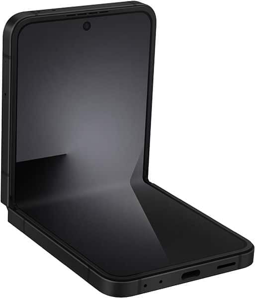 Samsung Galaxy Z Flip7 FE in black, shown open at an angle displaying the front screen and inner display area