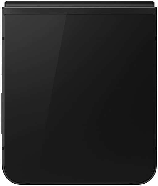 Samsung Galaxy Z Flip7 FE folded closed, showing black exterior with glossy finish and rounded corners
