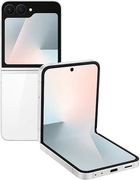 Samsung Galaxy Z Flip7 FE shown folded and unfolded, displaying dual rear cameras, inner and outer screens with gradient wallpaper