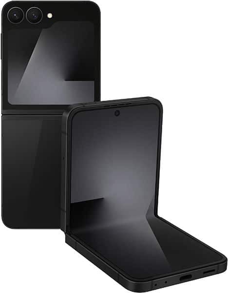 Samsung Galaxy Z Flip7 FE shown folded and partially open, displaying dual rear cameras and front screen