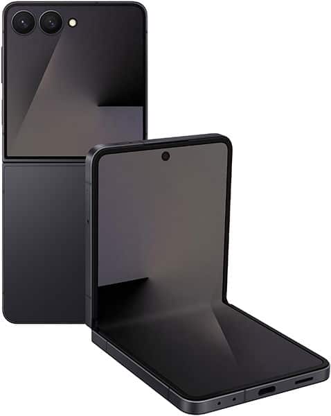 Samsung Galaxy Z Flip7 in graphite, shown folded and open with dual rear cameras and front display visible