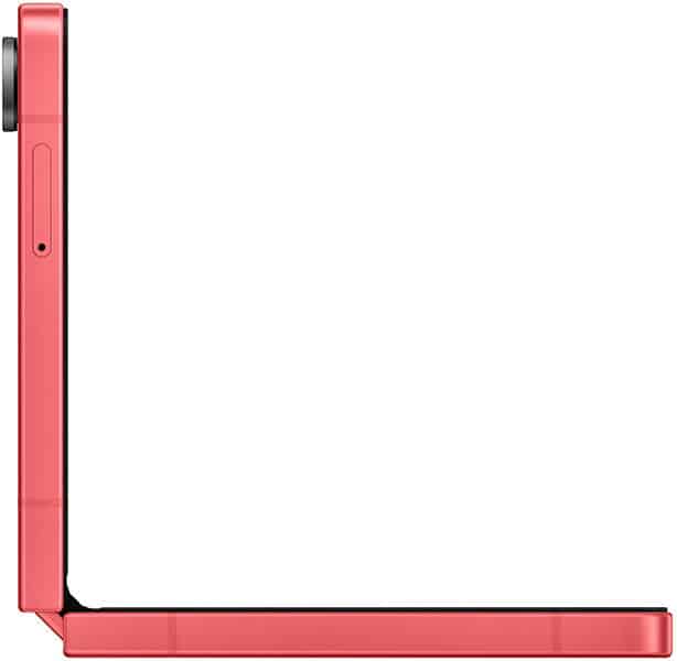 Samsung Galaxy Z Flip7 in red, shown folded with the hinge visible on the left side