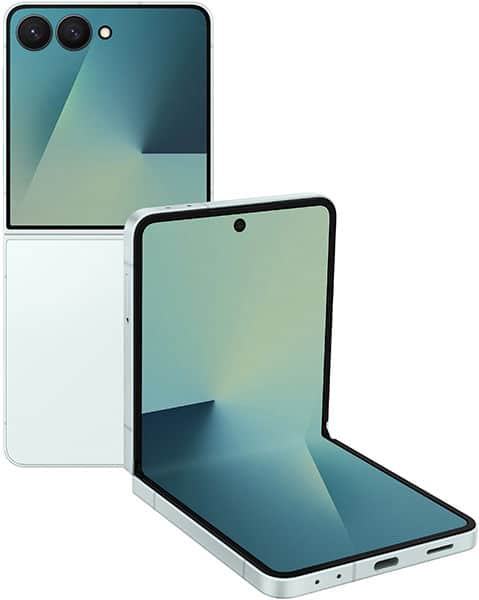 Samsung Galaxy Z Flip7 shown folded and unfolded, displaying teal gradient screen and dual rear cameras