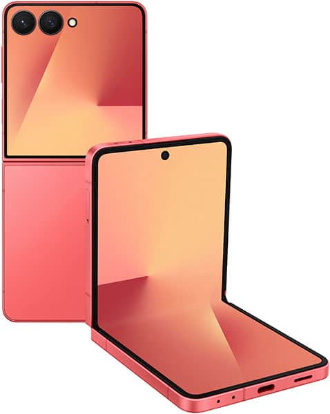 Samsung Galaxy Z Flip7 in coral pink, shown closed from rear, open from front, and folded at an angle displaying the foldable screen