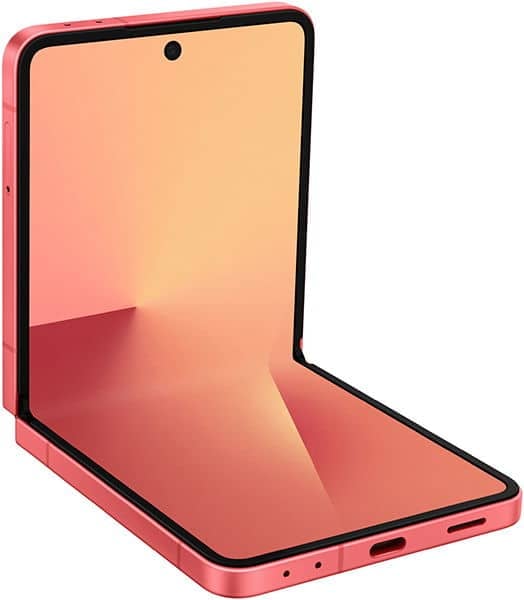 Samsung Galaxy Z Flip7 in coral red, shown open at an angle displaying the front screen and folded hinge design