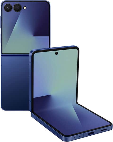 Samsung Galaxy Z Flip7 in blue, shown folded (rear view) and unfolded (front screen view) displaying gradient wallpaper