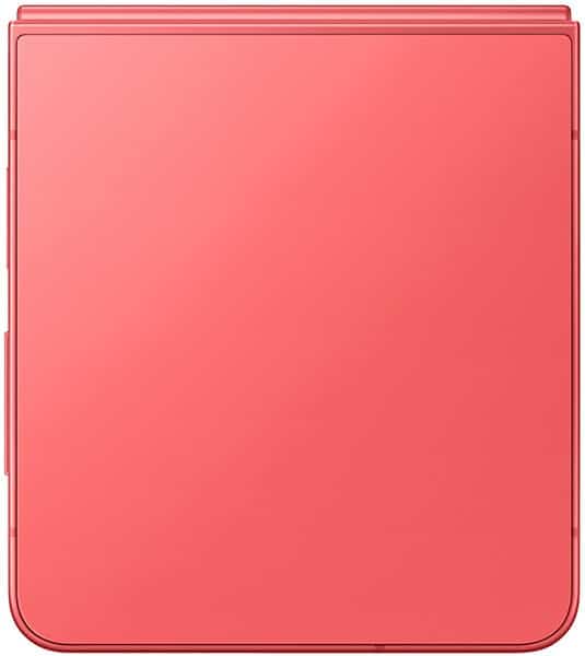 Samsung Galaxy Z Flip7 in pink, folded closed view showing rear panel
