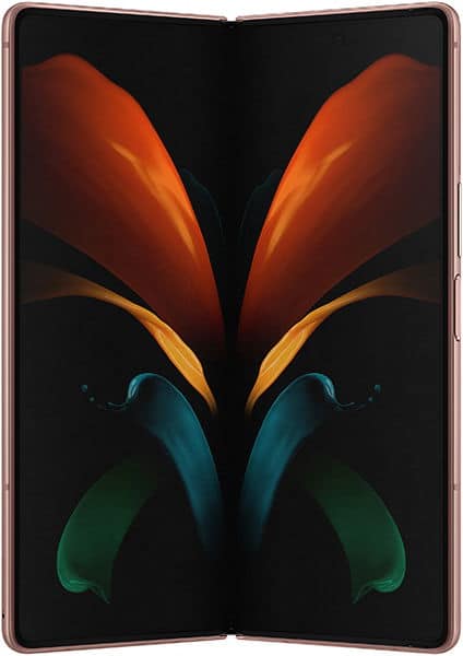 Samsung Galaxy Z Fold2 open, displaying colorful abstract wallpaper with red, orange, blue, and green curved shapes on black background