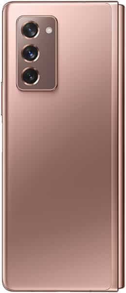 Samsung Galaxy Z Fold2 rear view, folded, showing triple camera setup and metallic bronze finish