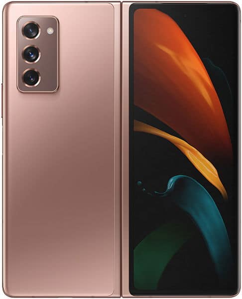 Samsung Galaxy Z Fold2 open, showing rose gold exterior with triple rear cameras and colorful abstract display screen