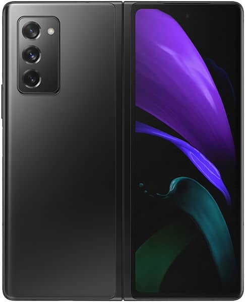Samsung Galaxy Z Fold2 open, showing rear triple-lens camera on left panel and purple-toned display on right panel