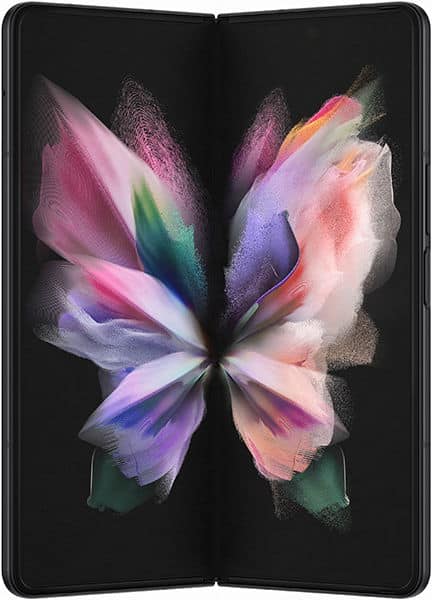 Samsung Galaxy Z Fold3 open flat, displaying colorful watercolor butterfly artwork across both screens