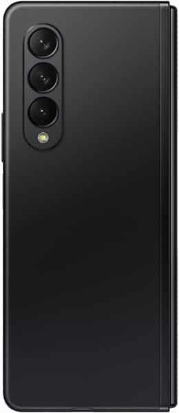Samsung Galaxy Z Fold3 rear view, folded closed, showing triple camera setup and black finish
