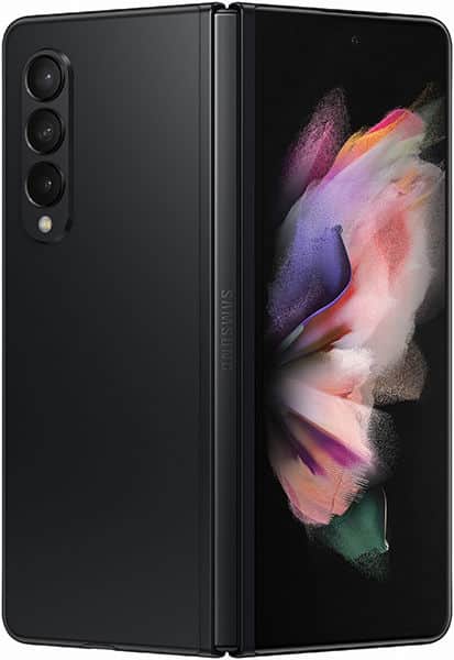 Samsung Galaxy Z Fold3 open, showing rear triple camera and colorful folded display screen against black background